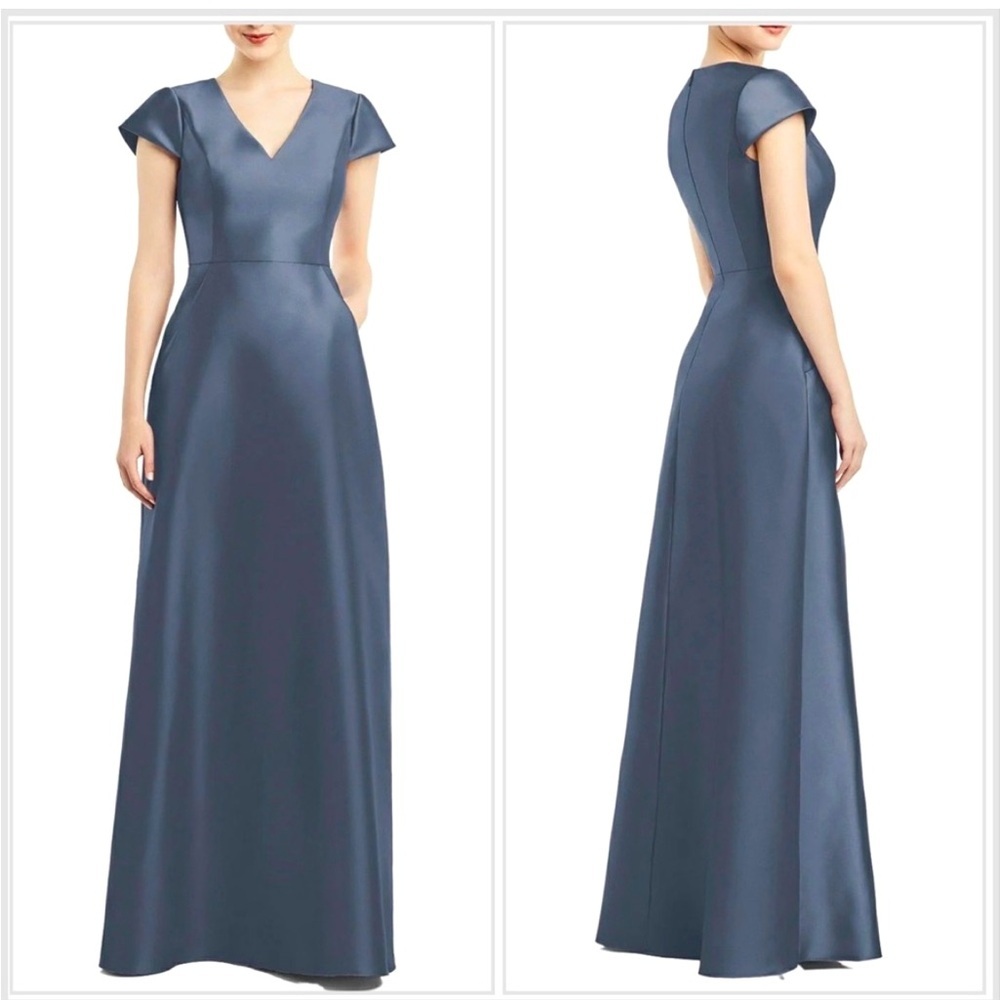 NWT Alfred Sung Cap Sleeve V-Neck Satin Gown with Pockets Silverstone Size‎ 4